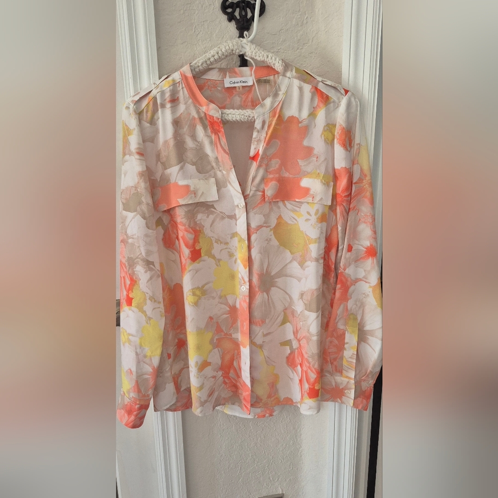 Calvin Klein Coral, Yellow & Cream Floral Button-Down Shirt